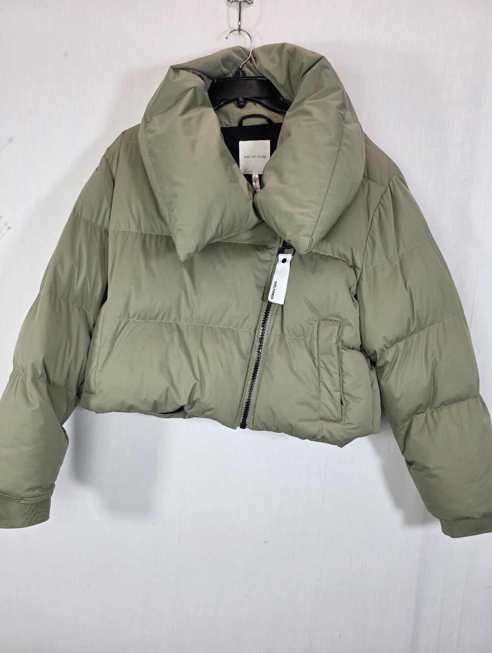 Avec Les Filles Sage Green Cropped Puffer Jacket M Oversized Collar Zip